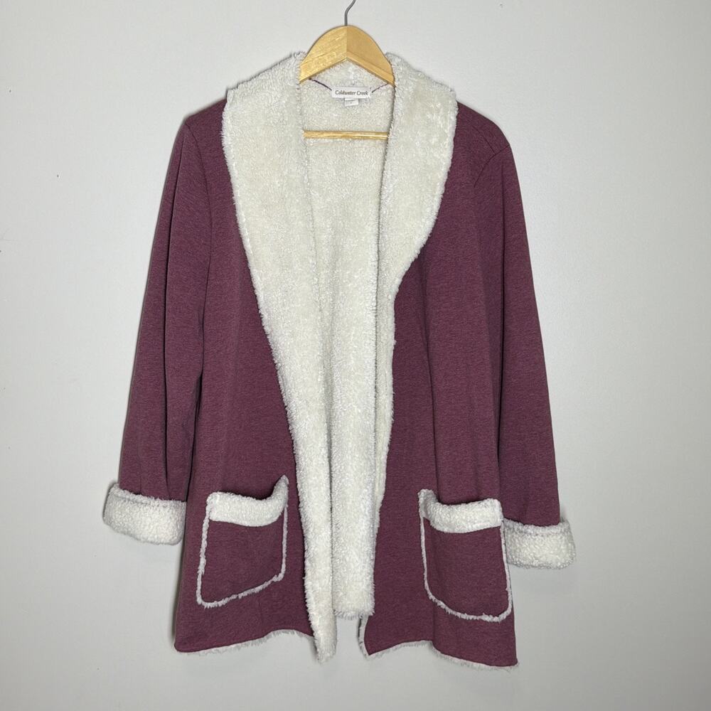 Coldwater Creek Faux Sherpa Lined Cardigan Lounge Jacket Sweater Womens L Mauve